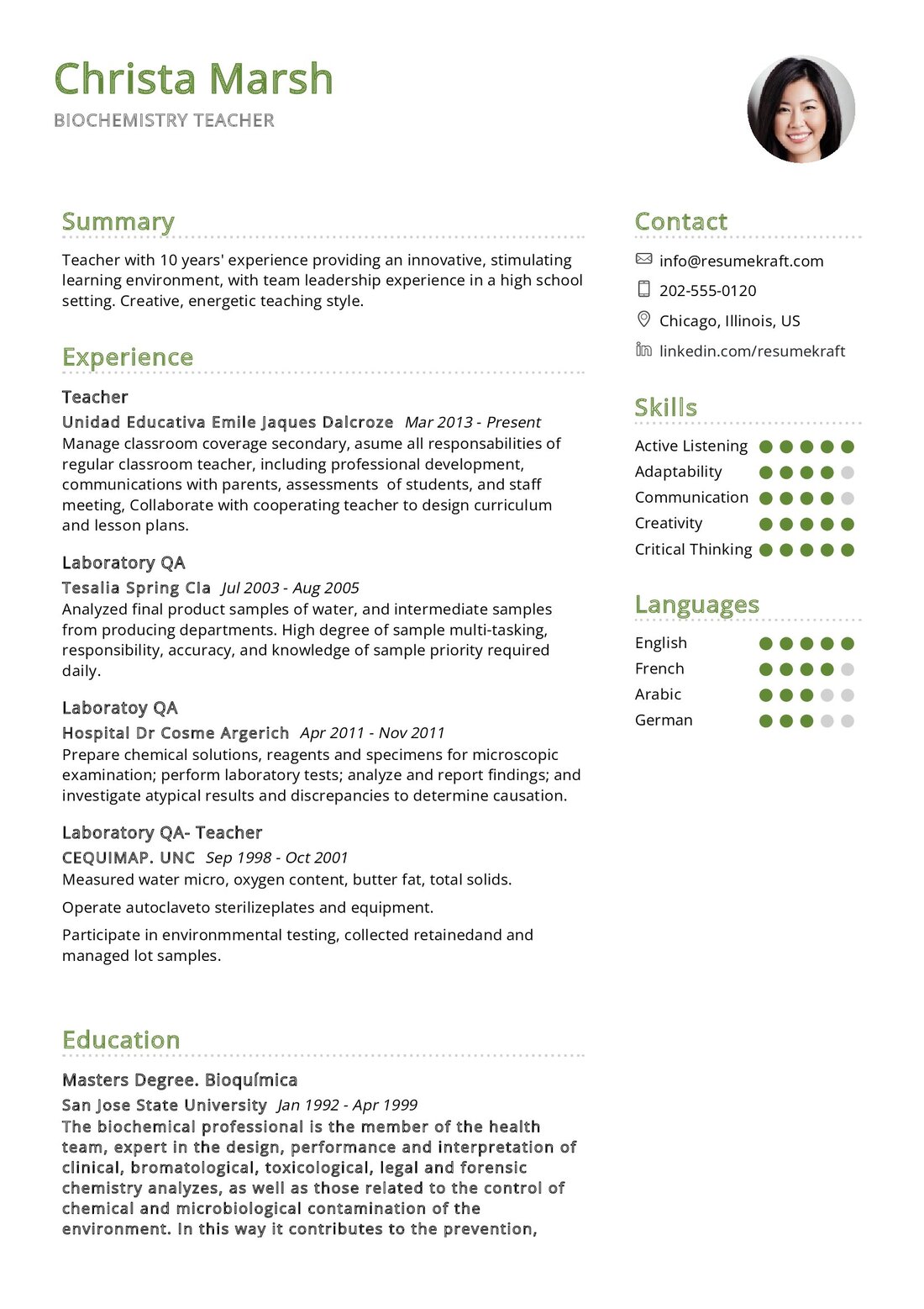 Biochemistry Teacher Resume Sample