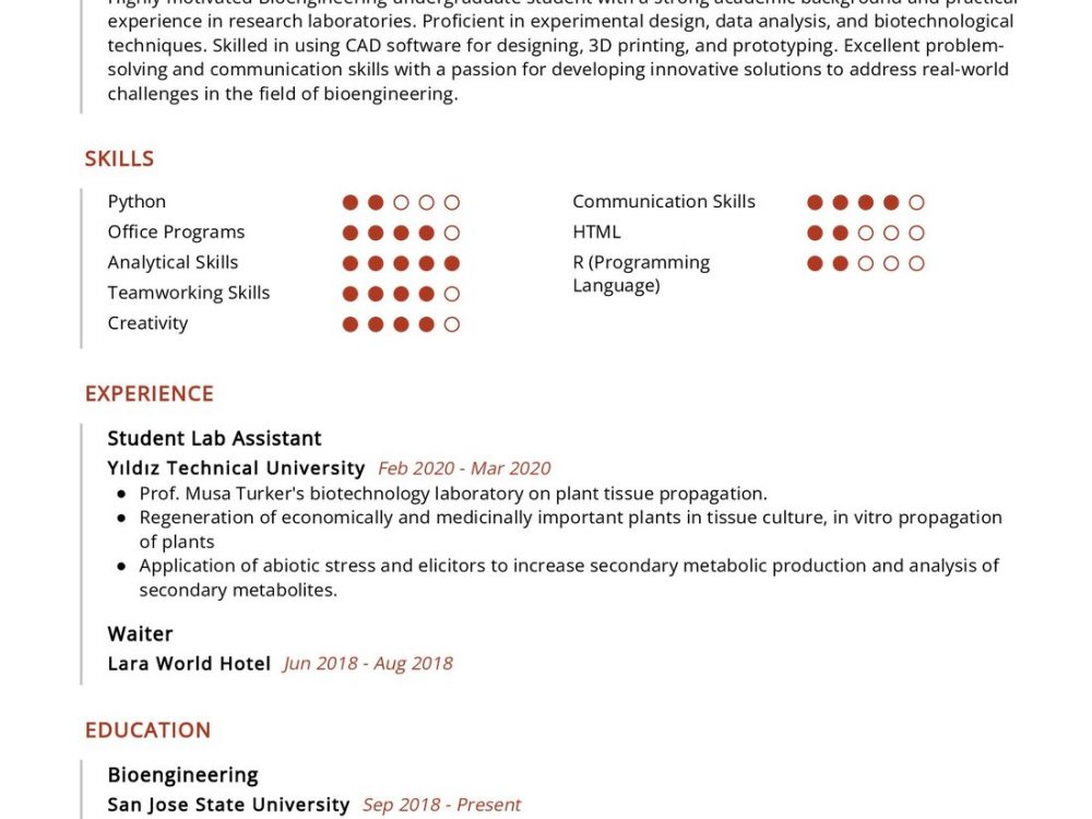 Bioengineering Undergraduate Student Resume Sample