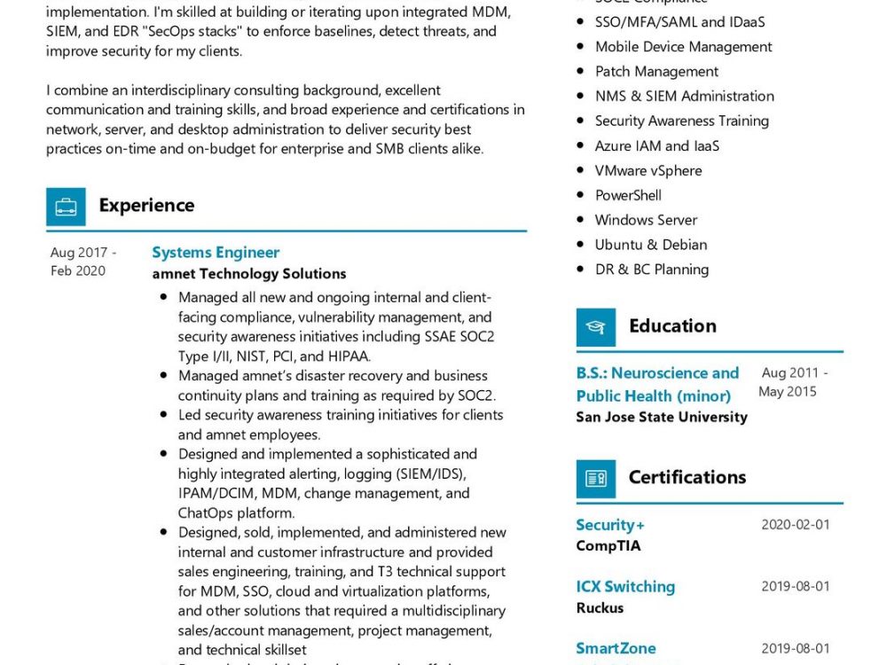 Cyber Security Systems Engineer Resume Sample