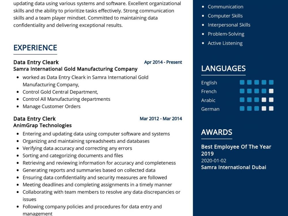 Data Entry Clerk Resume Example - Data Entry Clerk Resume Example 1000x750