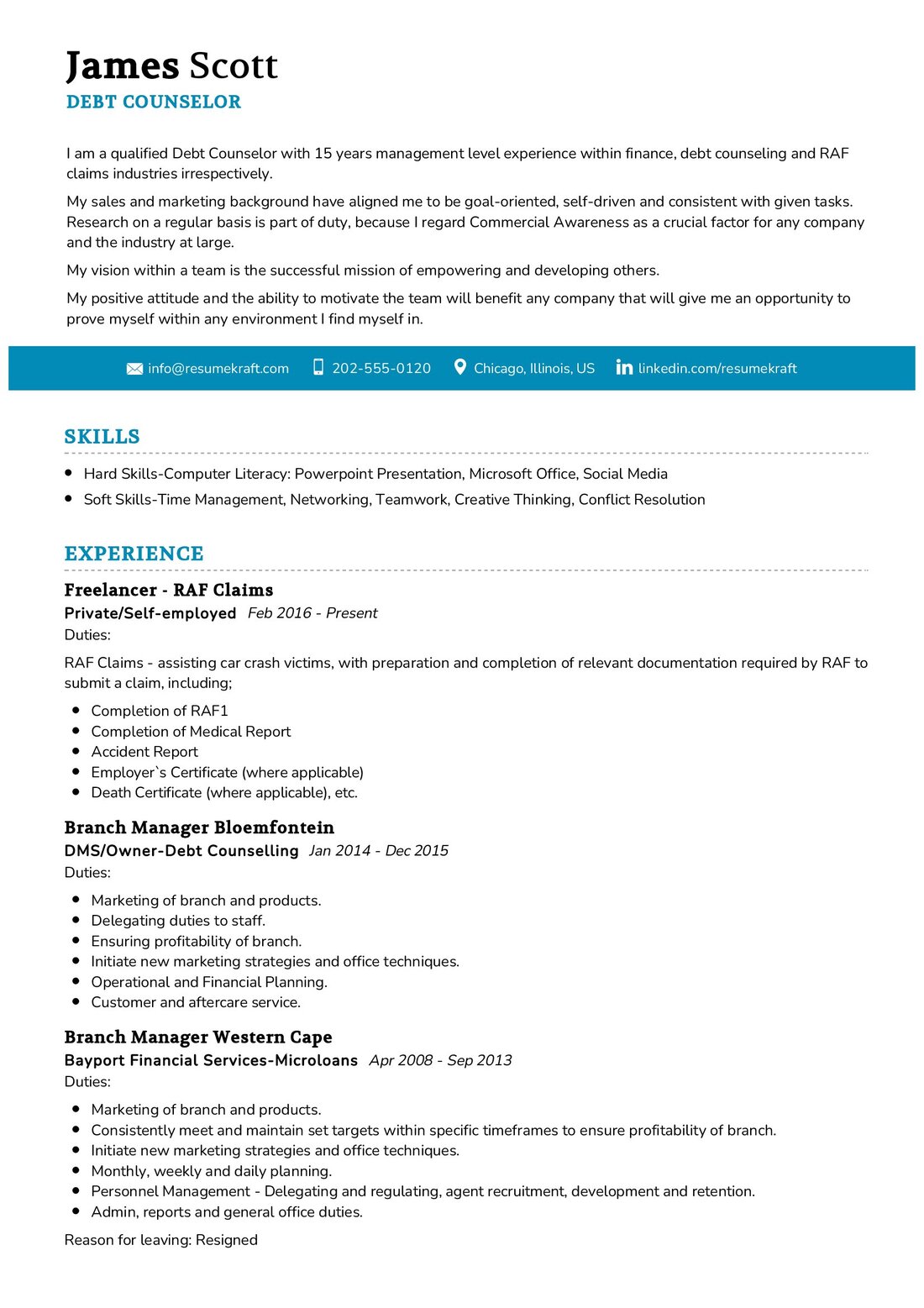 Debt Counselor Resume Example