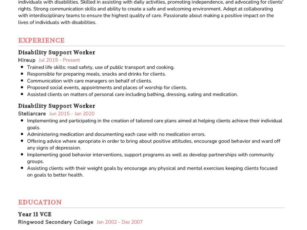 Disability Support Worker Resume Example