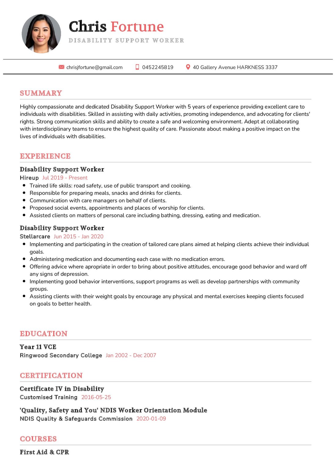 Disability Support Worker Resume Example 1 