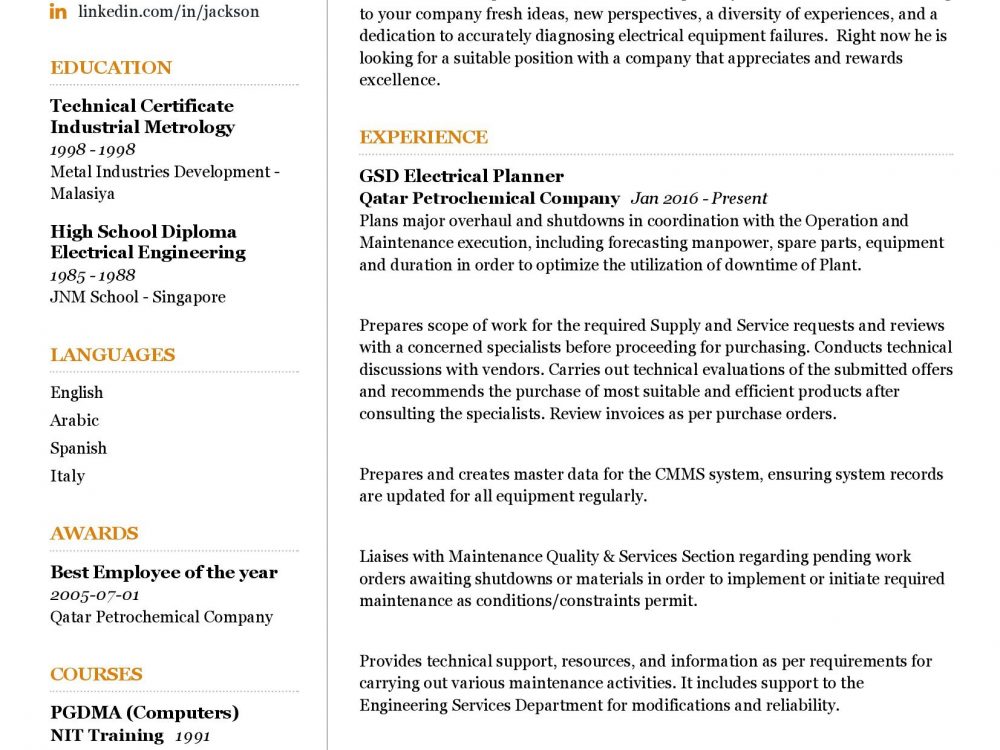 Electrical Specialist Resume Sample