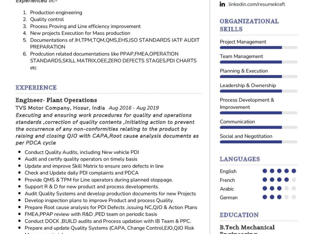 Engineer- Operations Resume Example