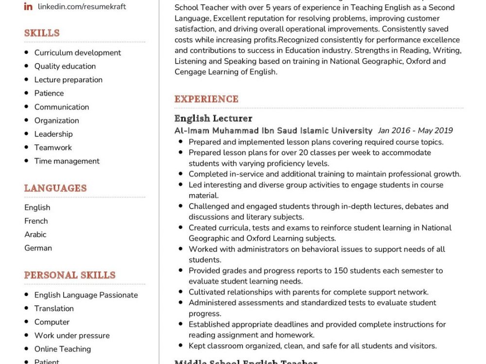 English Language Teacher Resume Sample in 2024 - ResumeKraft