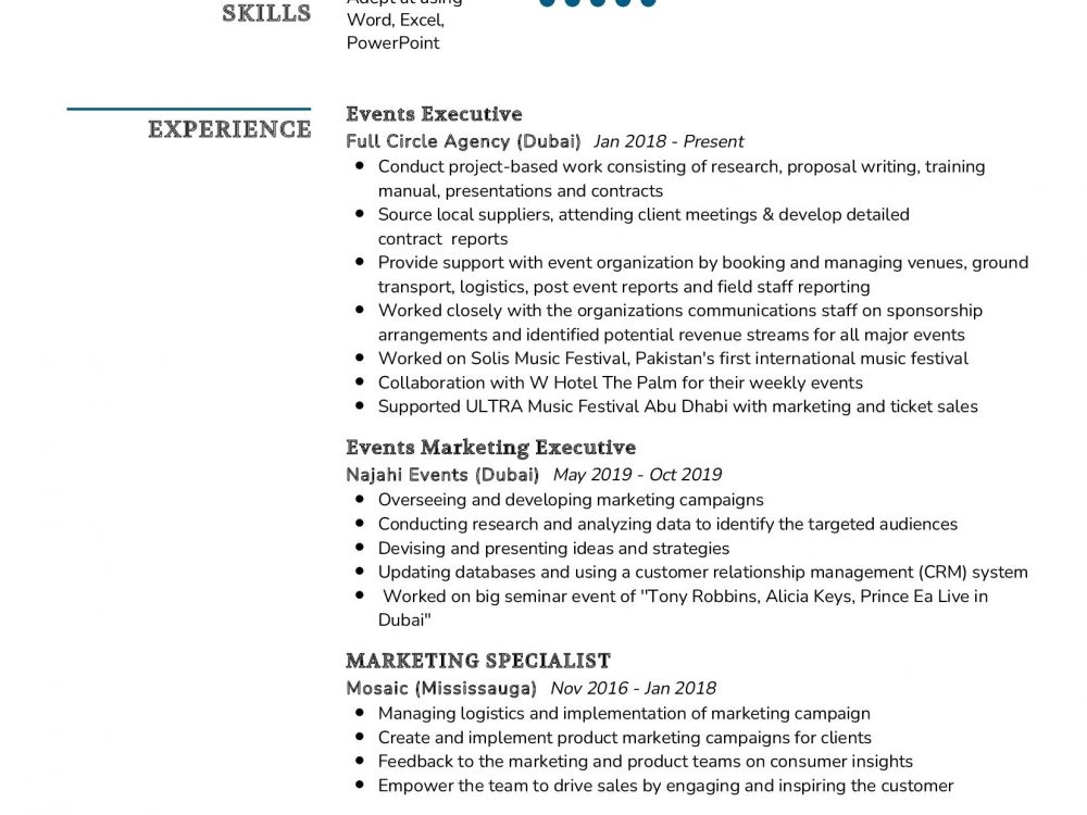 Events Executive Resume Sample
