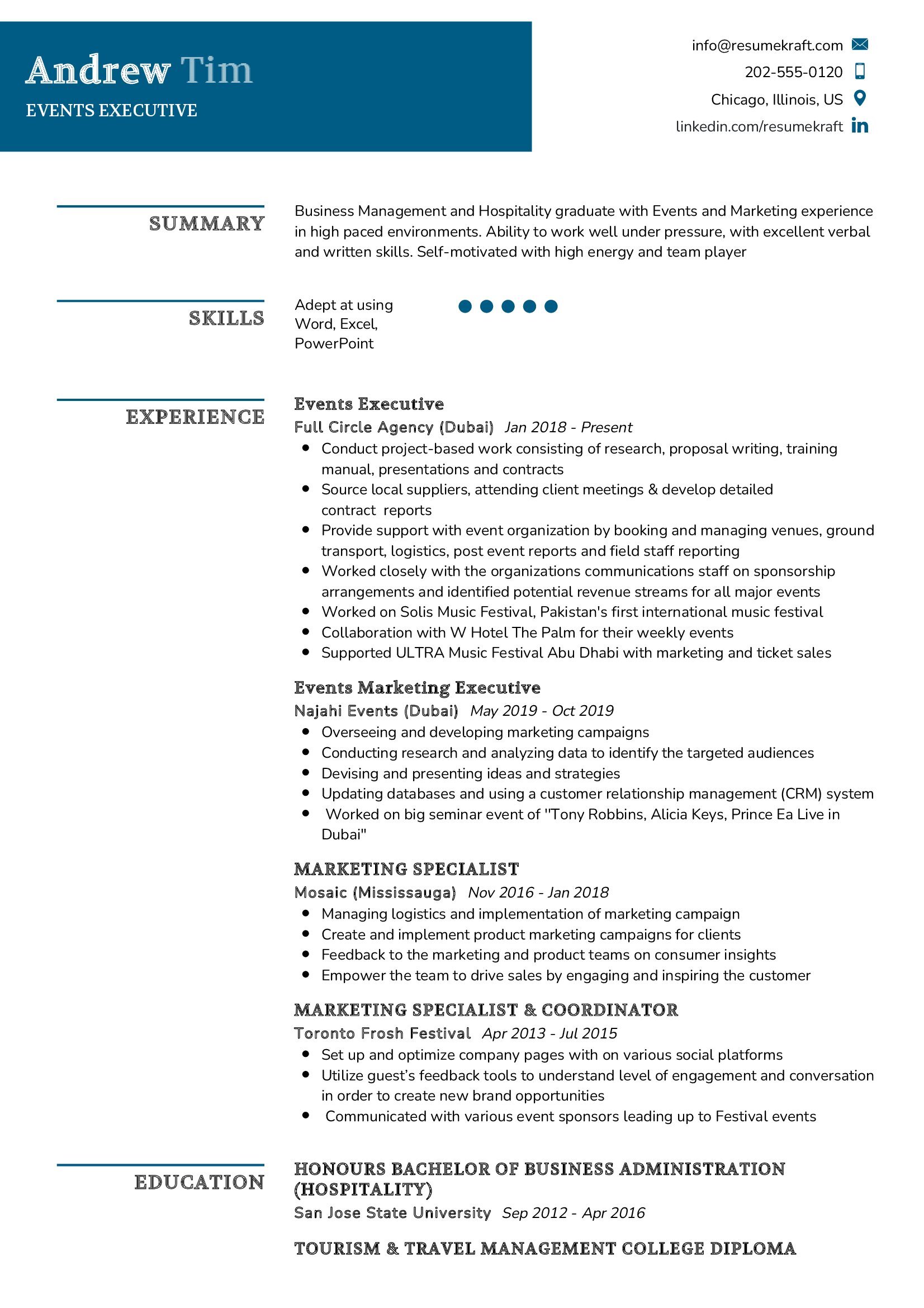 Events Executive Resume Sample