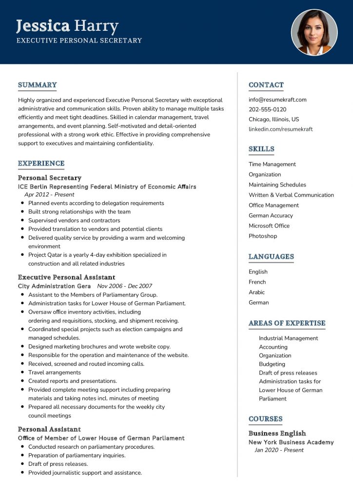 2200 Professional Resume Samples In 2024 ResumeKraft   Executive Personal Secretary Resume Sample 724x1024 