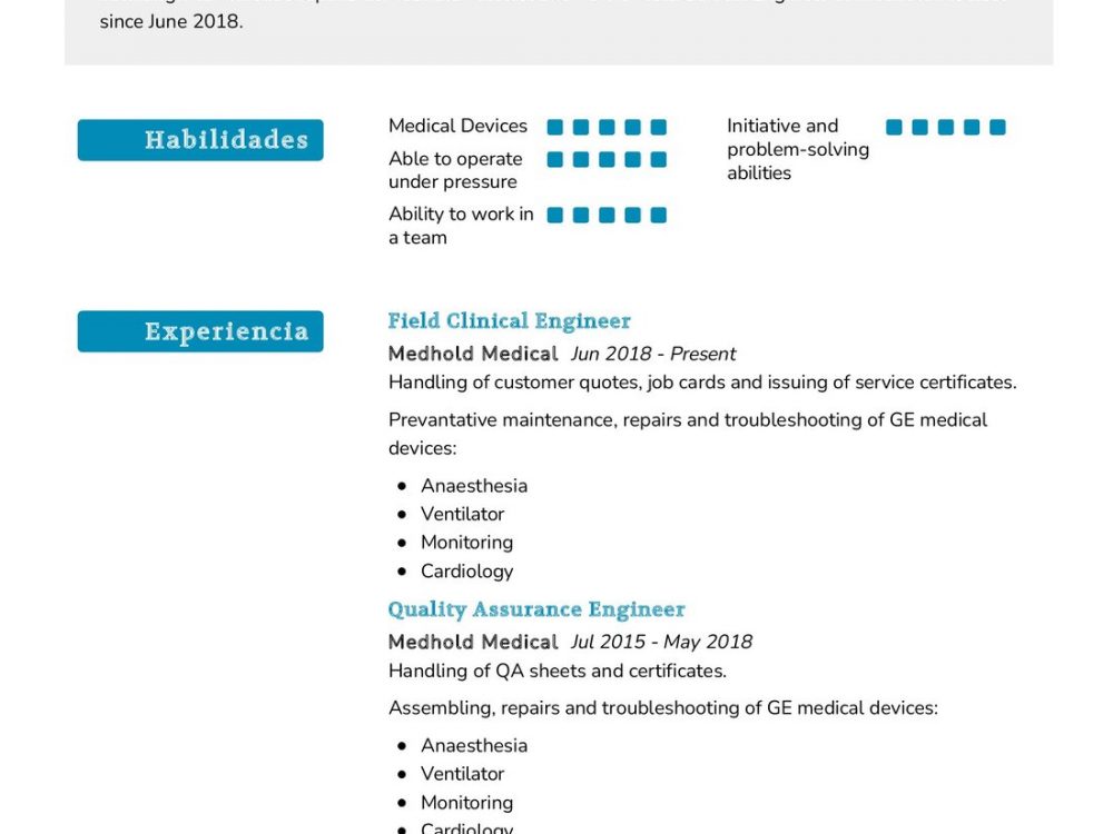 Field Clinical Engineer Resume