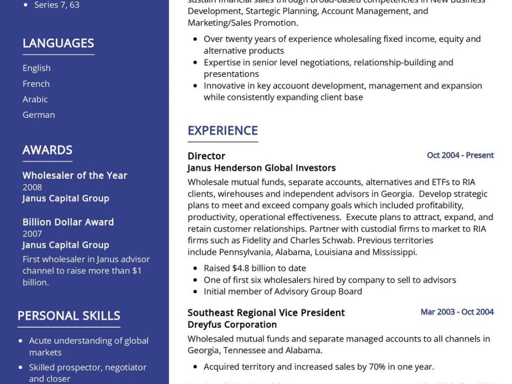 Financial Sales Resume Example