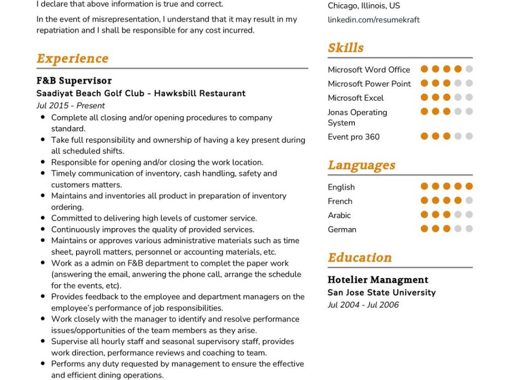 Food and Beverage Supervisor Resume Example in 2024 - ResumeKraft