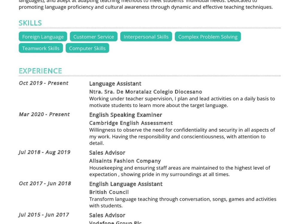 Foreign Language Assistant Resume Sample