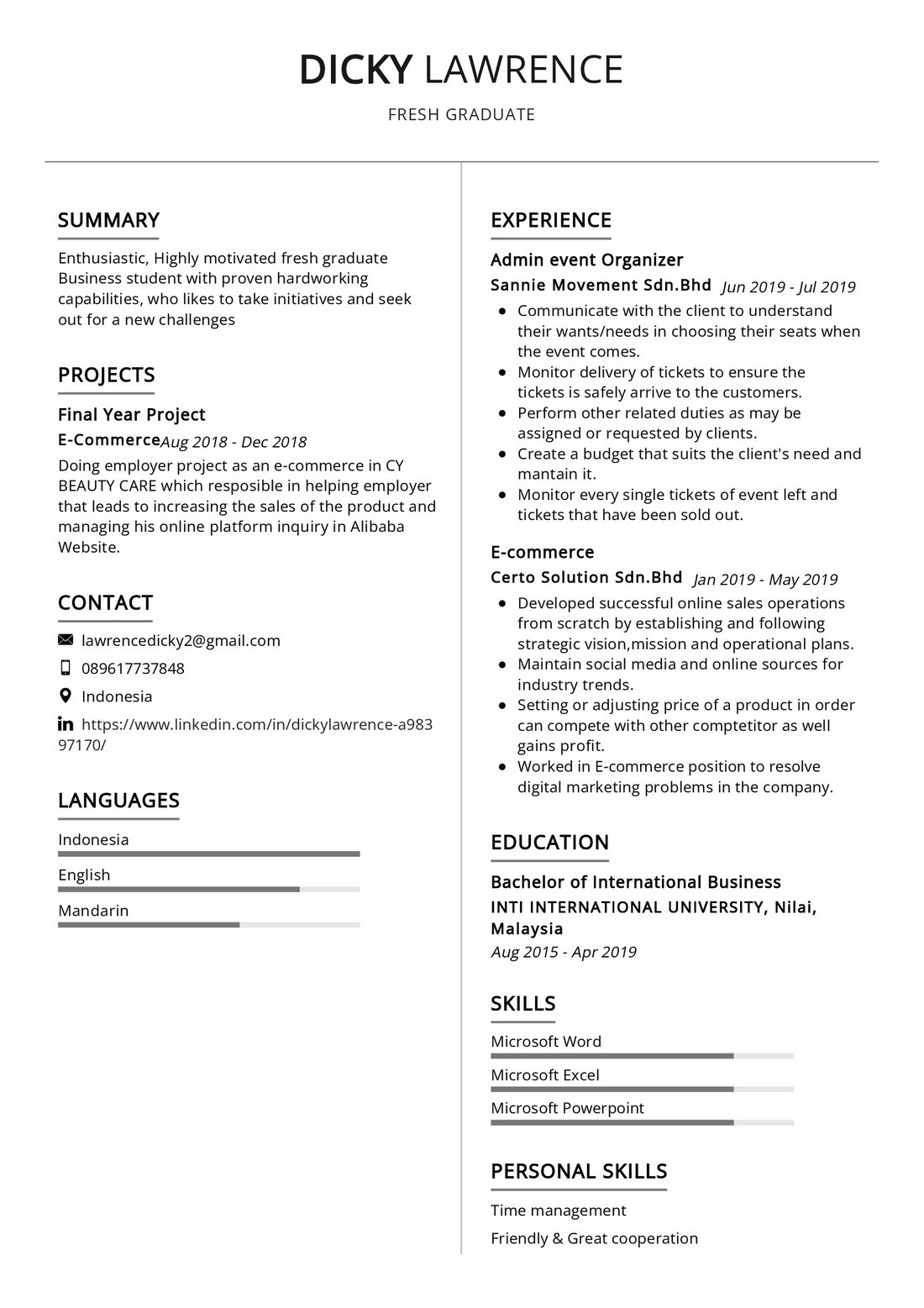 sample resume for chemistry graduate fresher