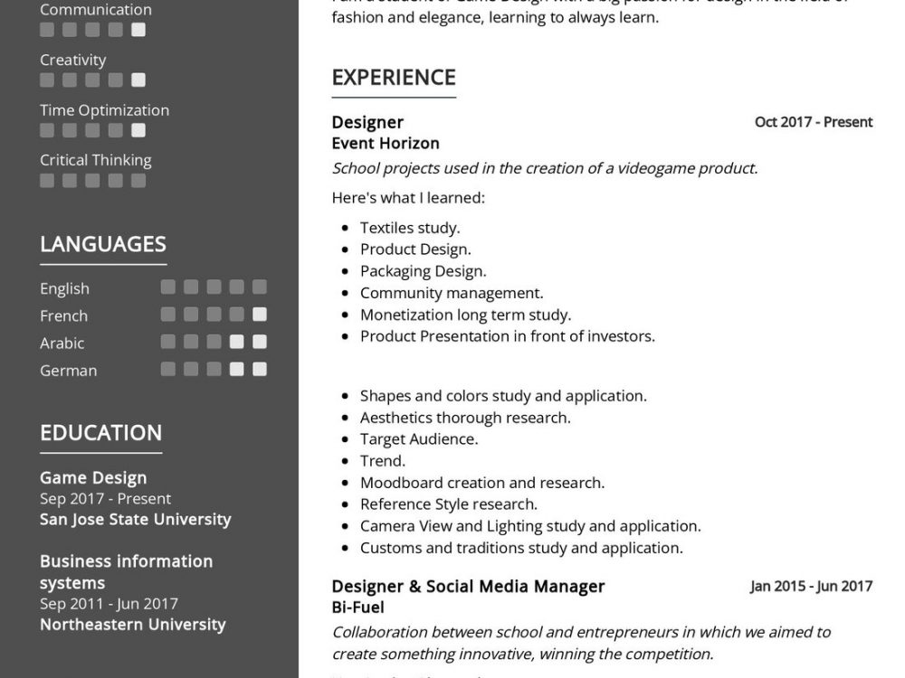 Game Designer Resume Sample