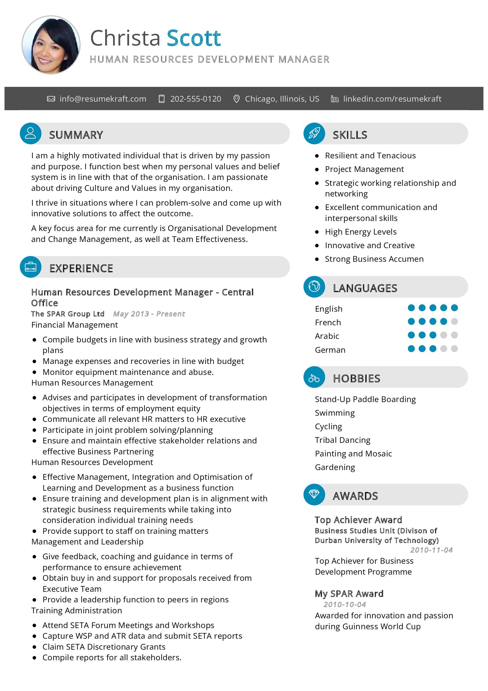 Human Resources Development Manager Resume Sample in 2024 - ResumeKraft