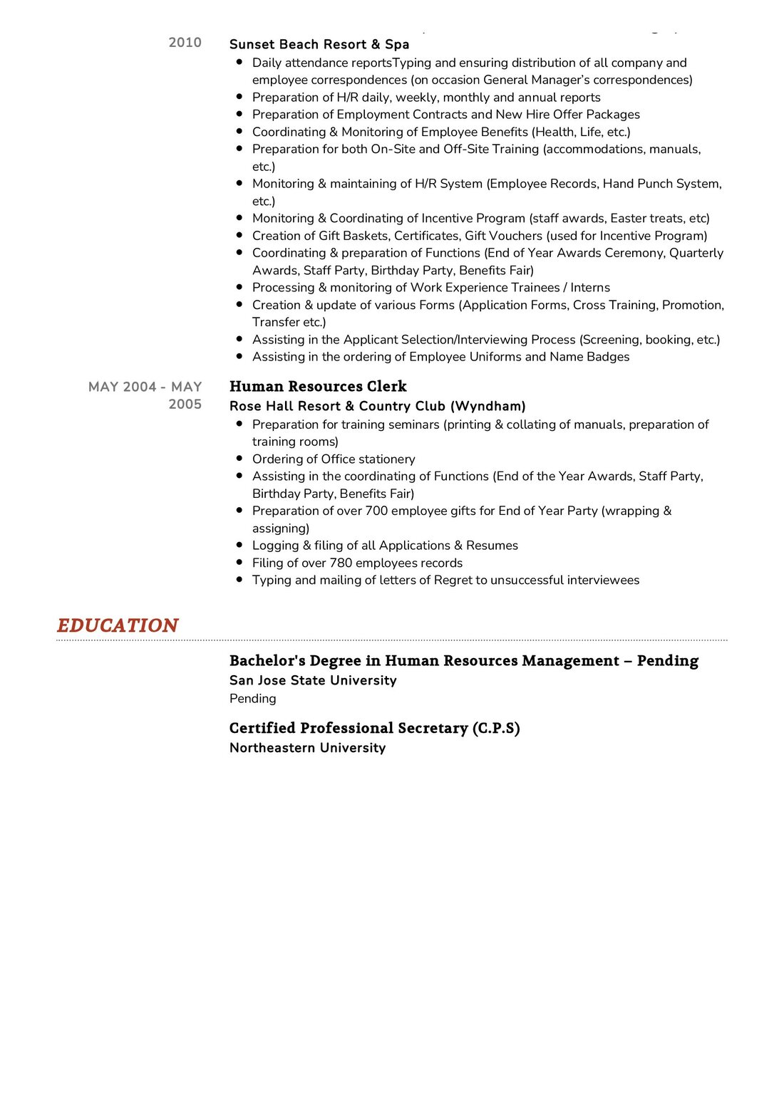 resume human resources generalist