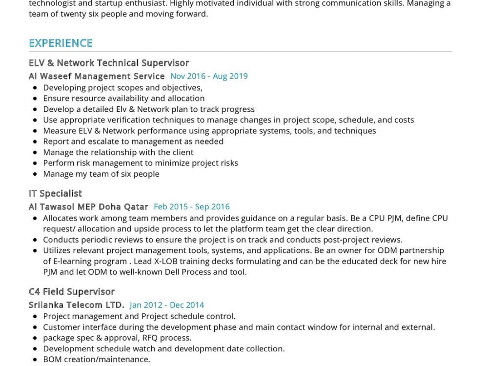 IT Technical Supervisor Resume Sample