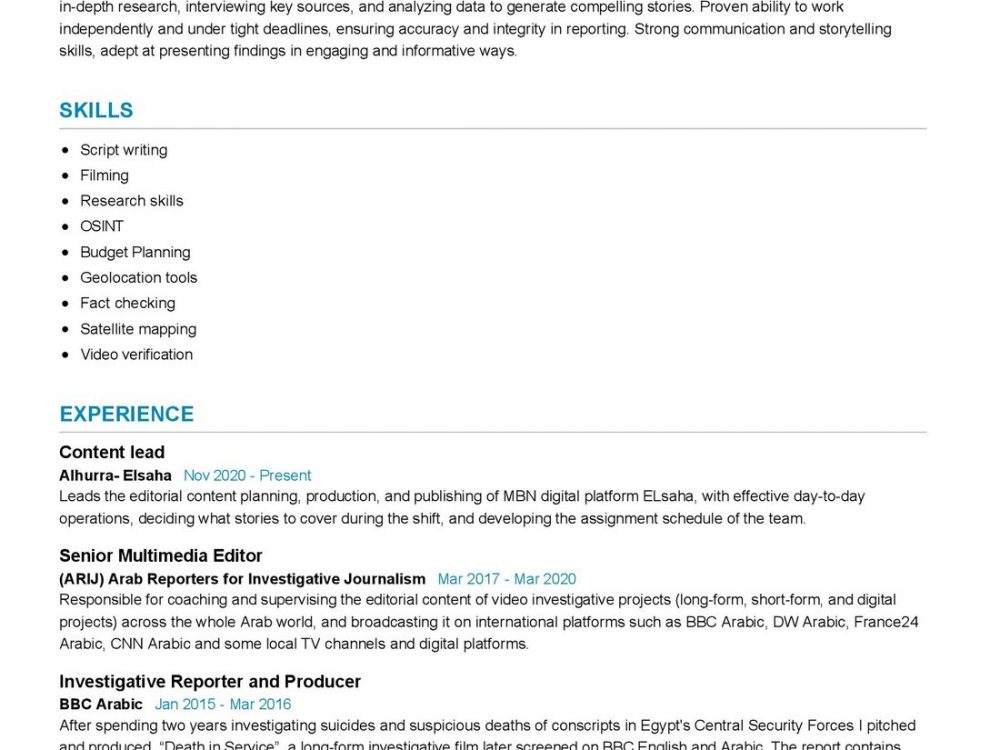 Investigative reporter Resume Example