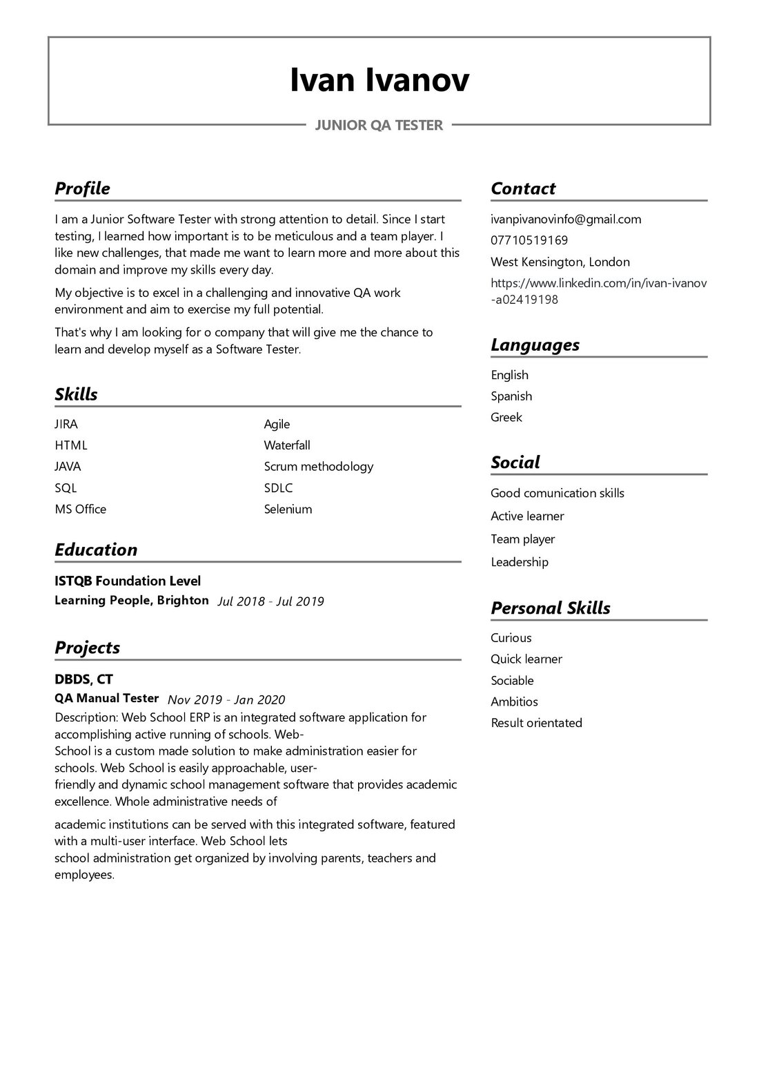 junior qa tester resume sample