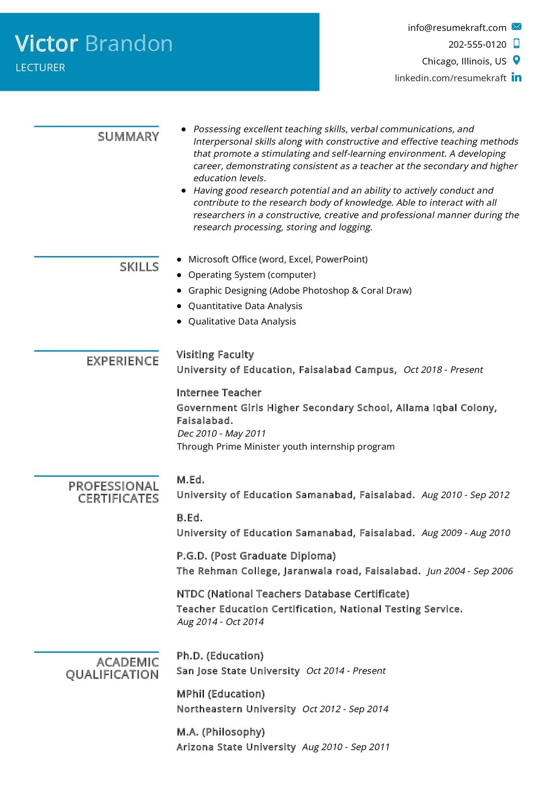 resume for english lecturer post