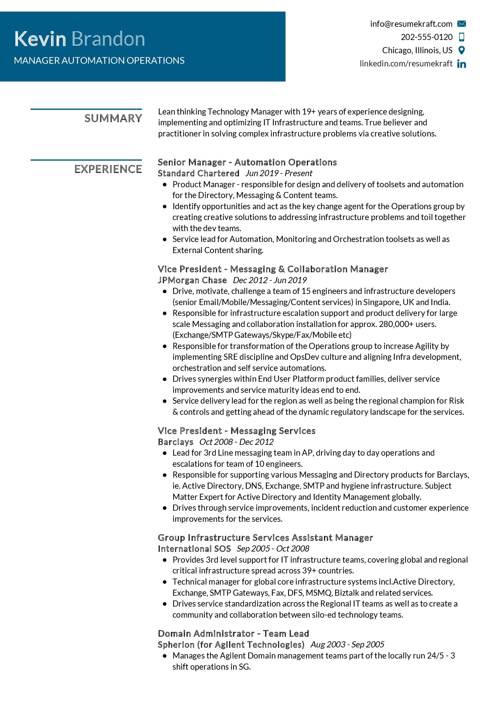 Manager Automation Operations Resume Example