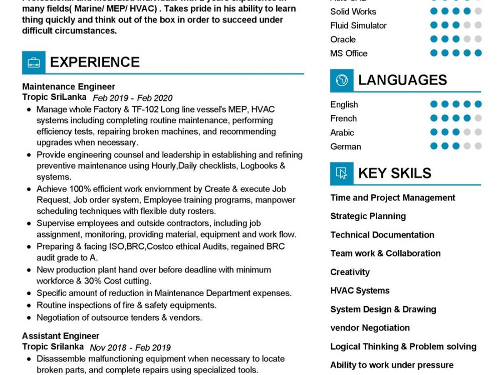 Marine Mechanical Engineer Resume Sample