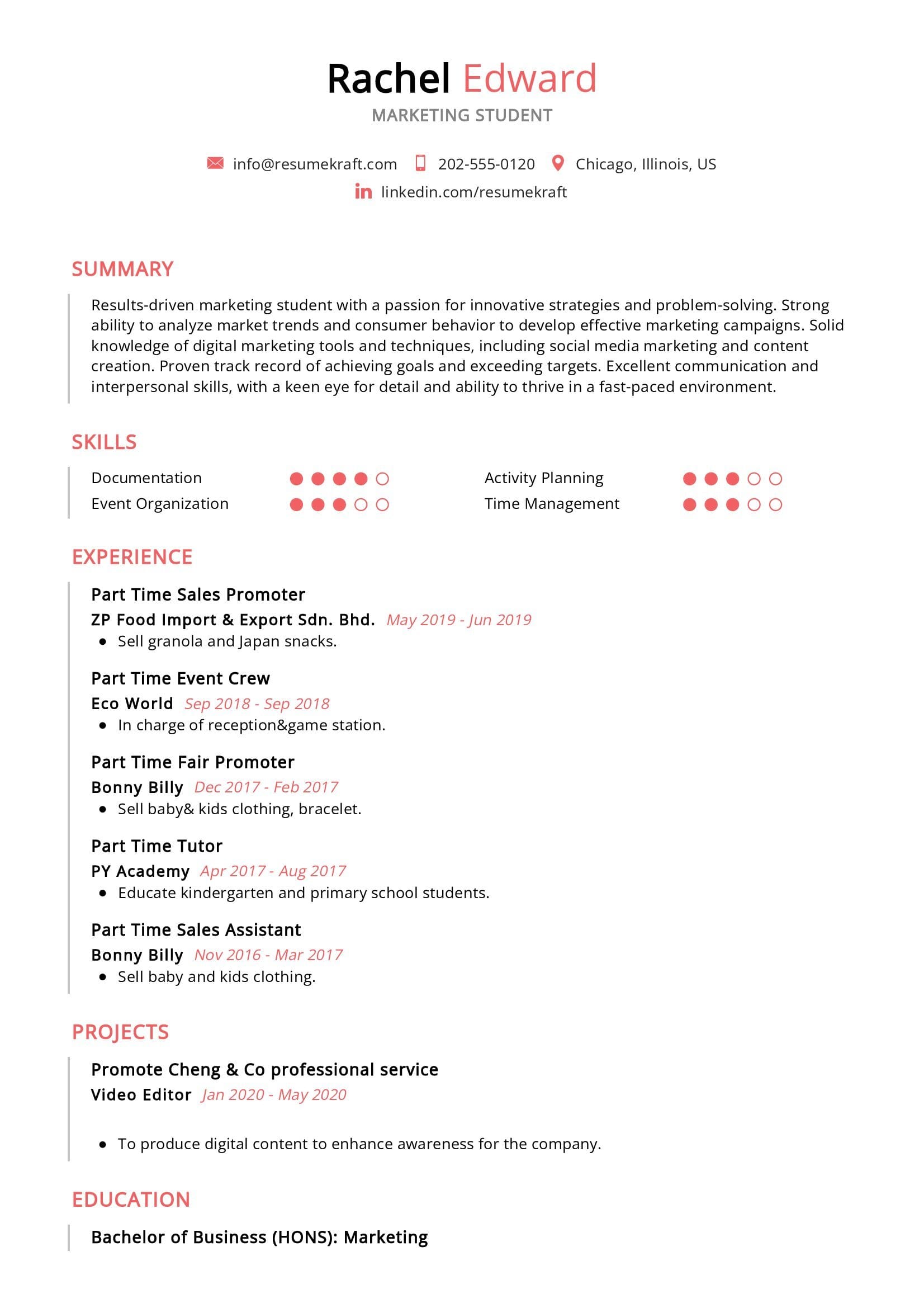 marketing student resume examples