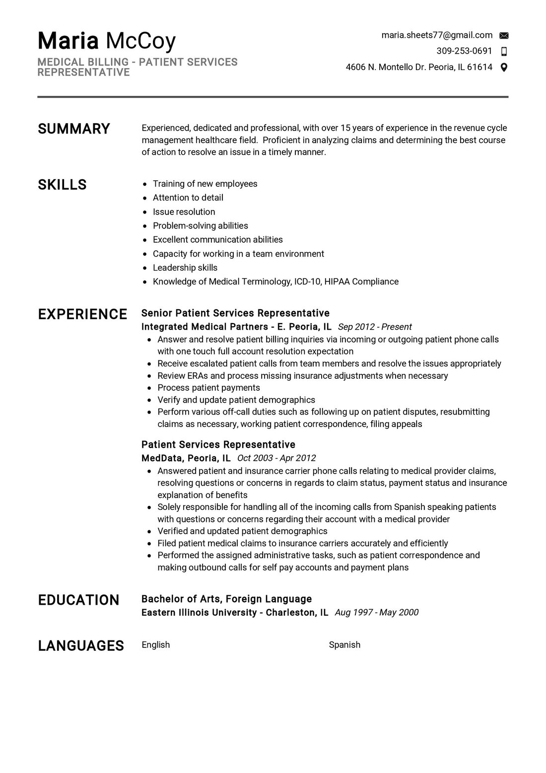 resume summary examples for medical billing