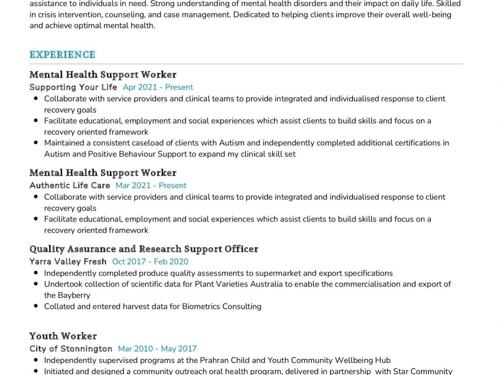 Mental Health Support Worker Resume Example