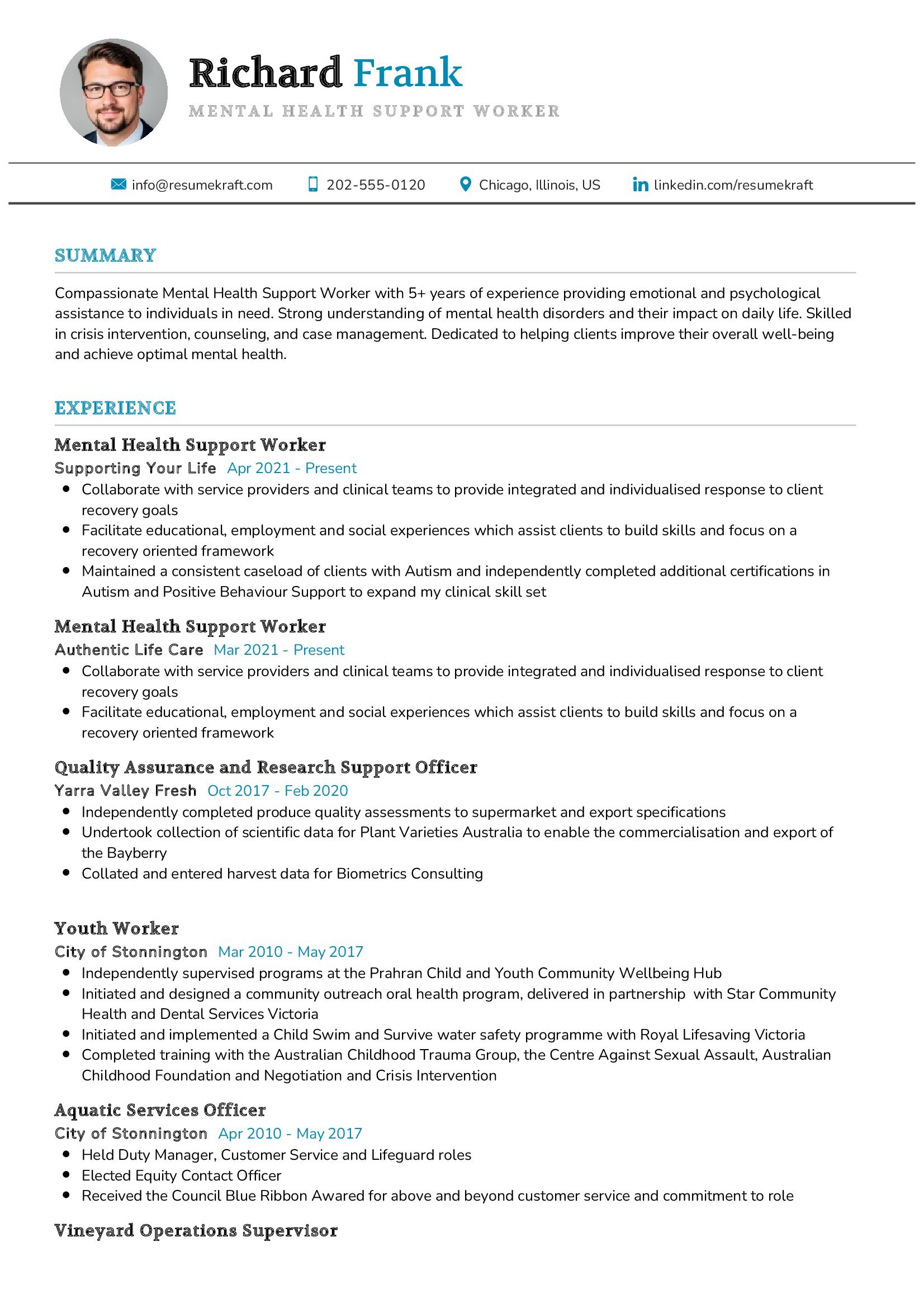 resume for mental health support worker