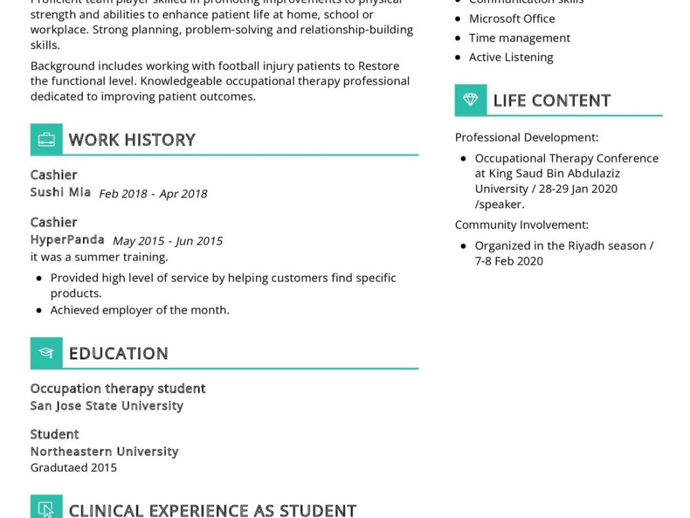 Occupational Therapy student Resume Example