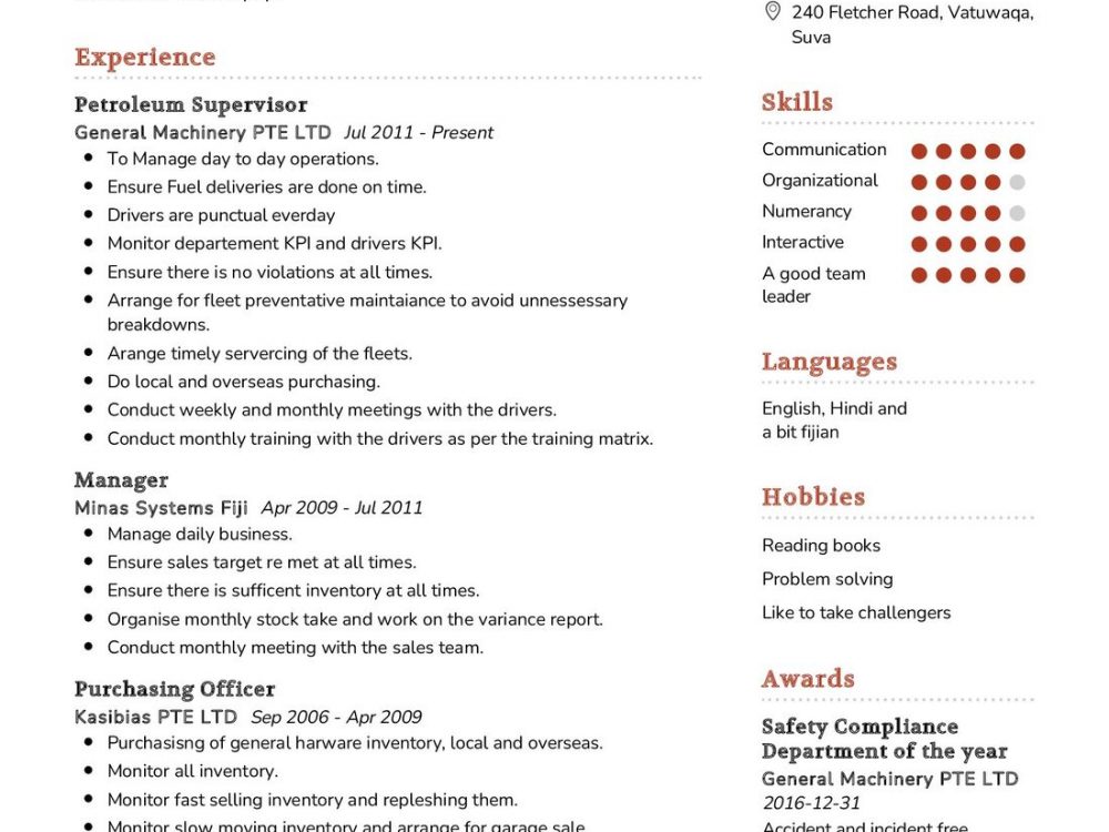 Petroleum Supervisor Resume Example