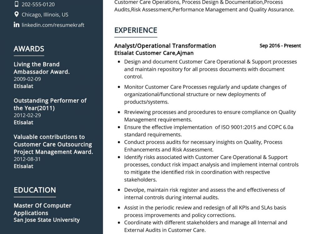 Quality Management System Professional Resume Sample