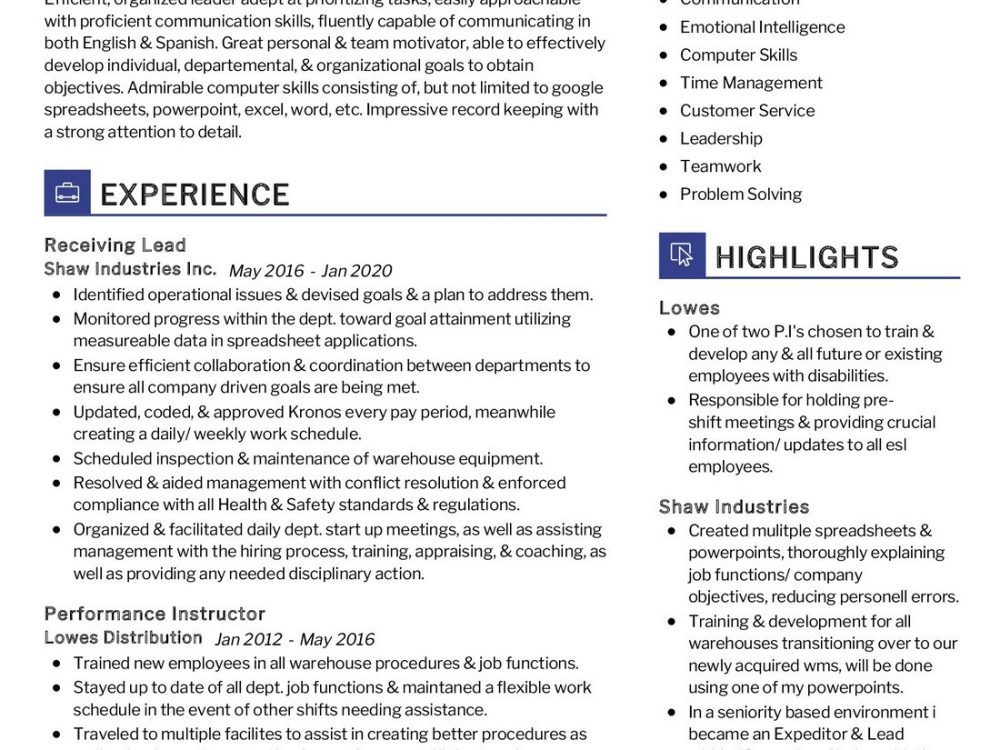 Receiving Lead Resume Example