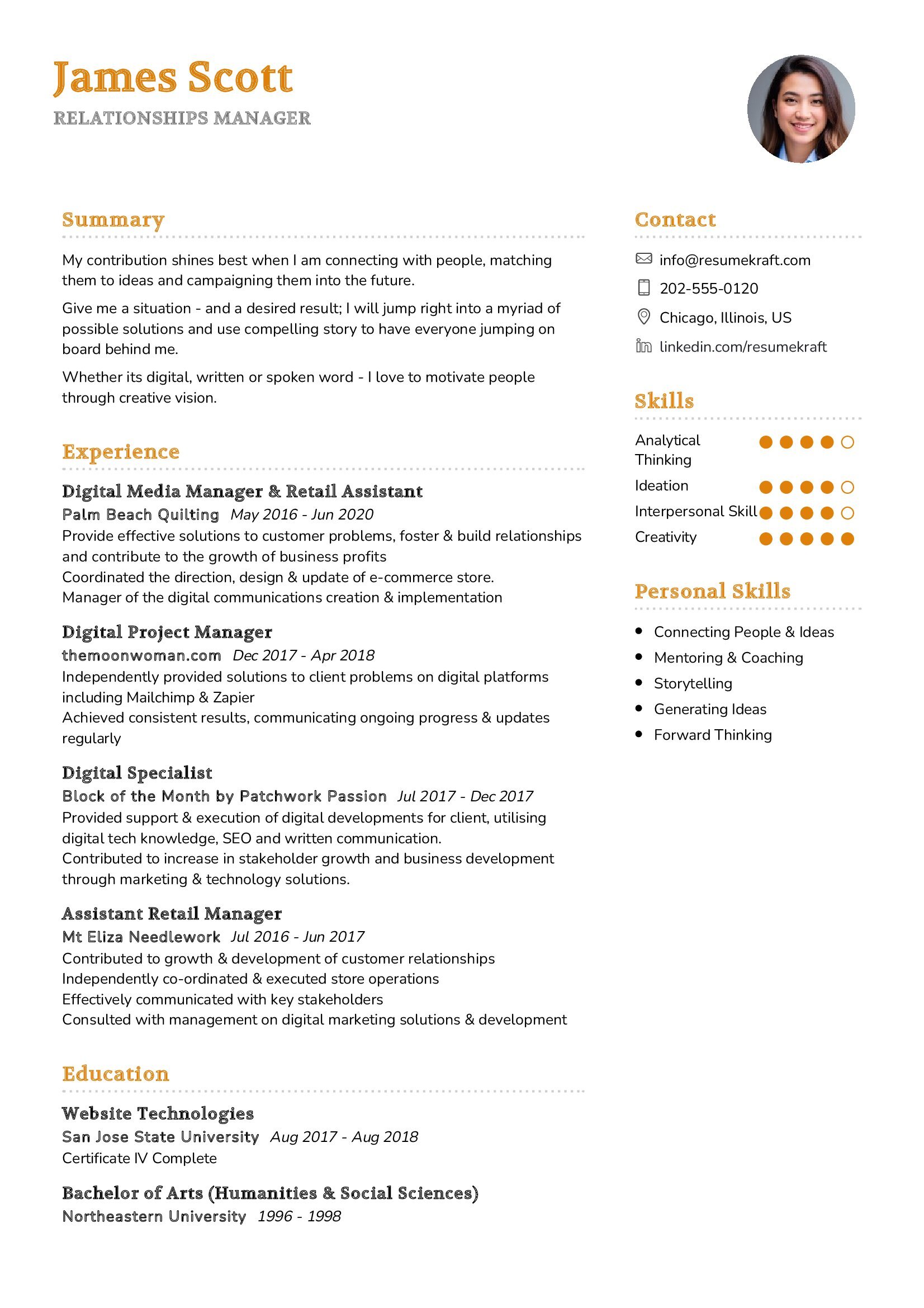 Relationships Manager Resume Example