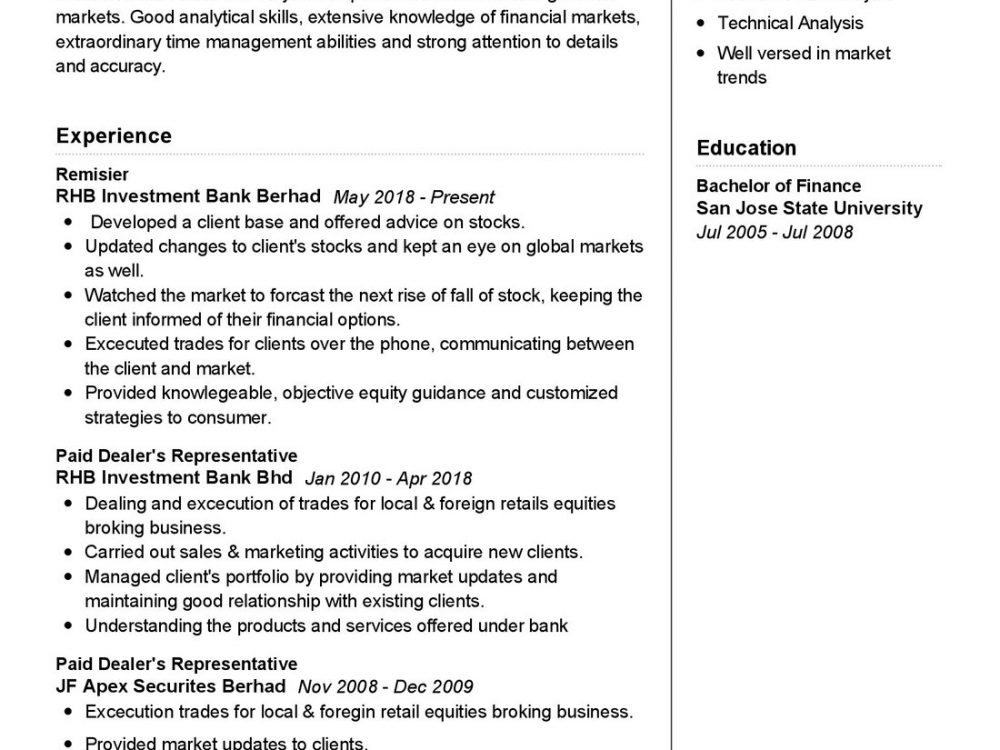 Remisier Resume Sample