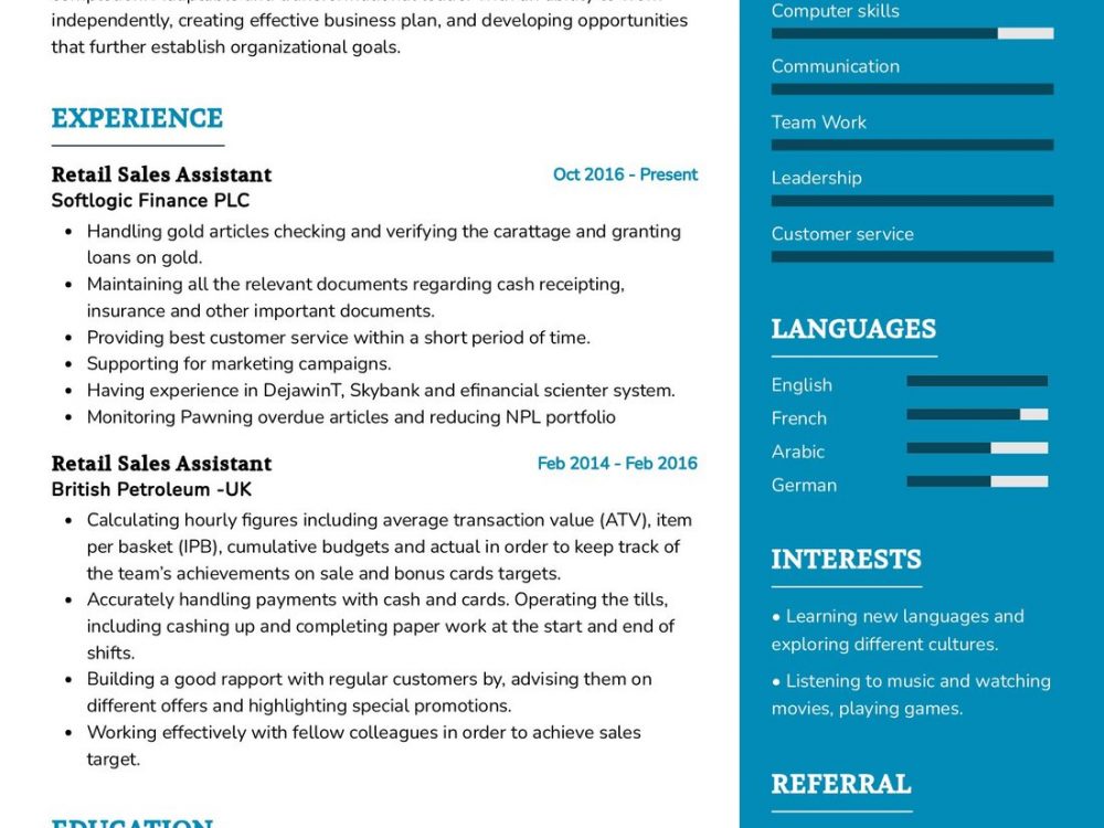 Retail Sales Assistant Resume Sample