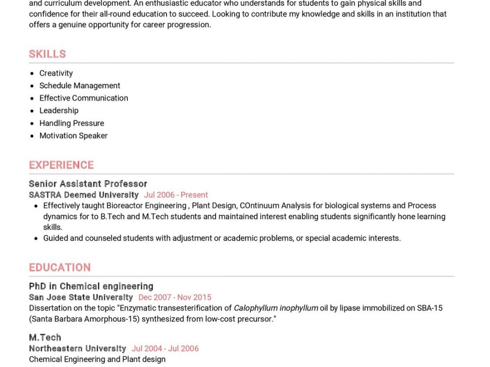 Senior Assistant Professor Resume Example