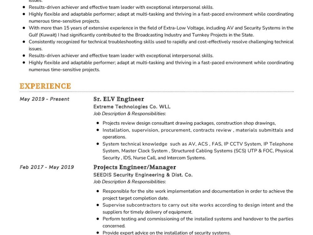 Senior ELV Engineer Resume Sample in 2025 - ResumeKraft