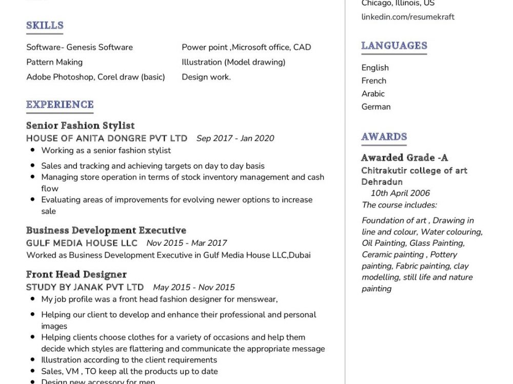 Senior Fashion Stylist Resume Sample