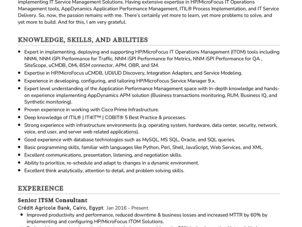 Senior ITSM Consultant Resume Sample
