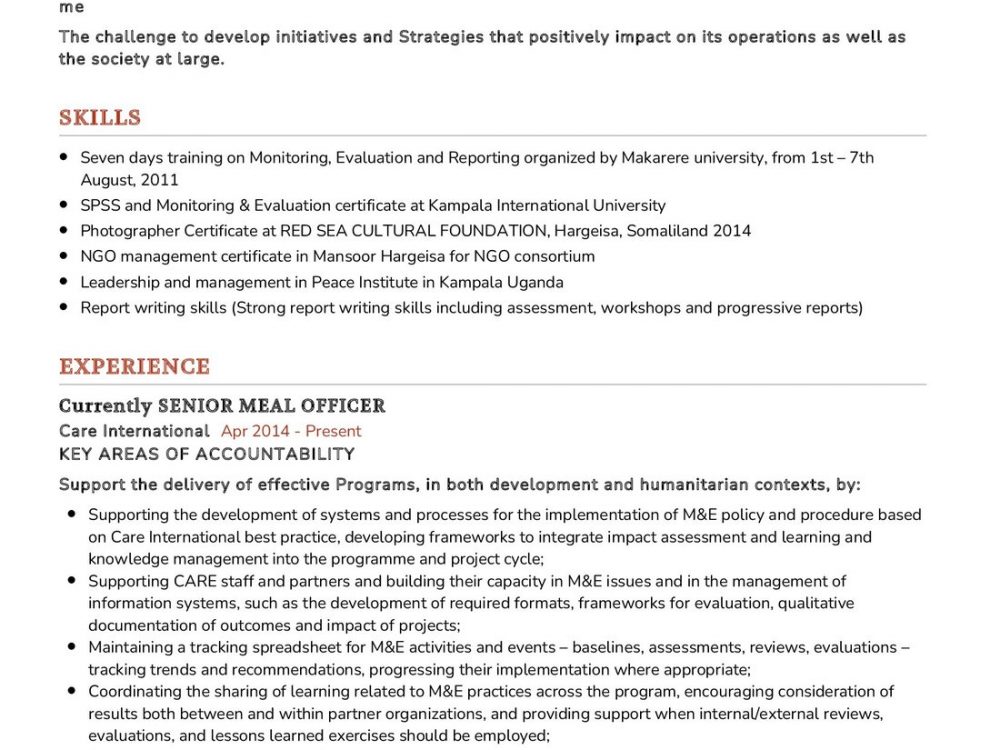 Senior MEAL Officer Resume Example