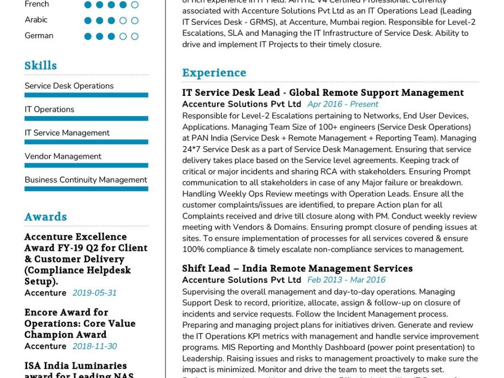 Service Desk Operation Lead Resume Example