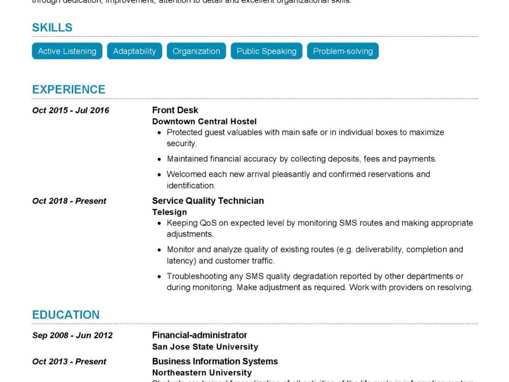 Service Quality Technician Resume Example