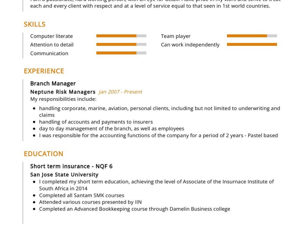 Short term insurance broker Resume Example