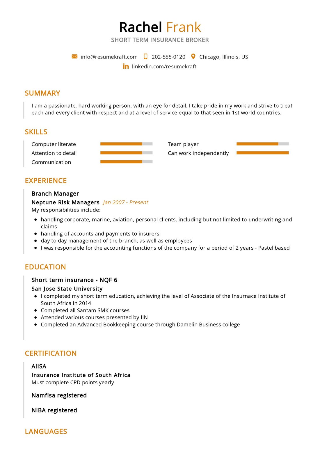 Short term insurance broker Resume Example