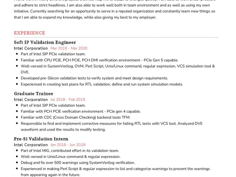 Soft IP Validation Engineer Resume Sample