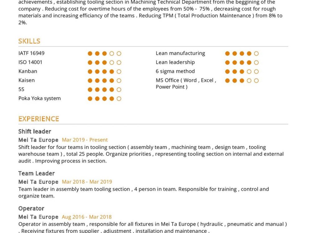 Tooling specialist Resume