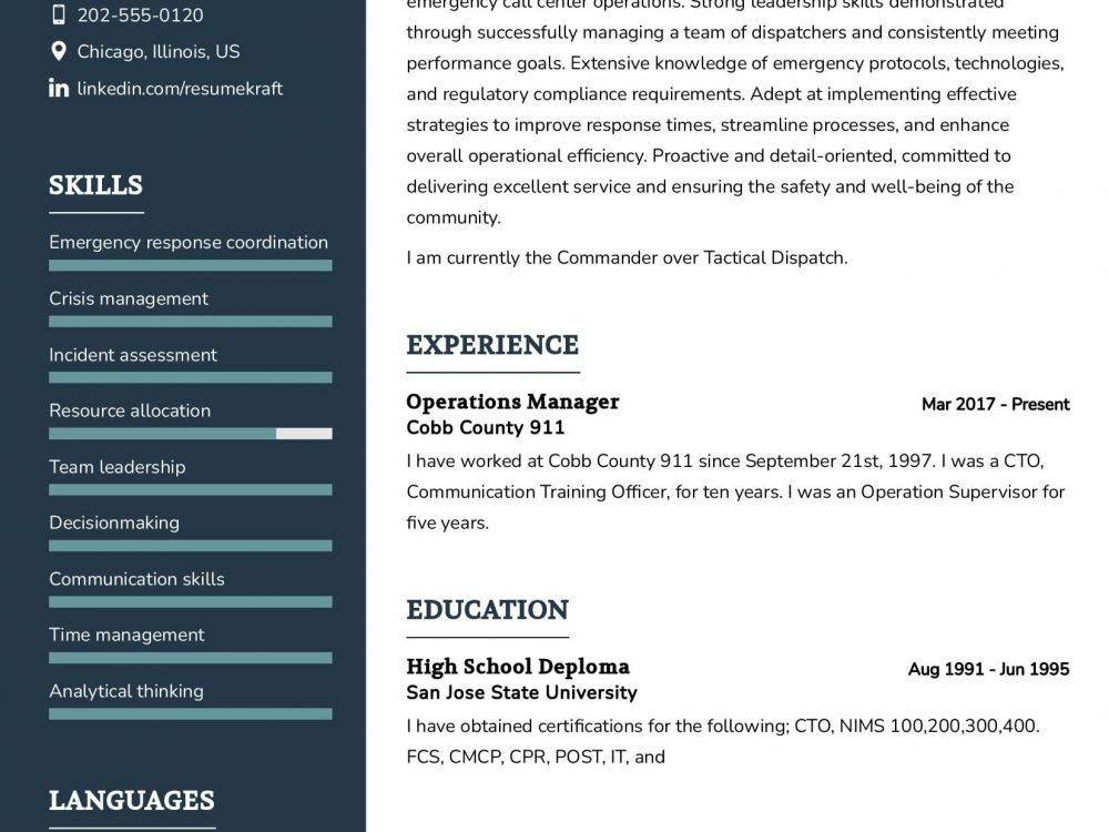 911 Operations Manager Resume Sample